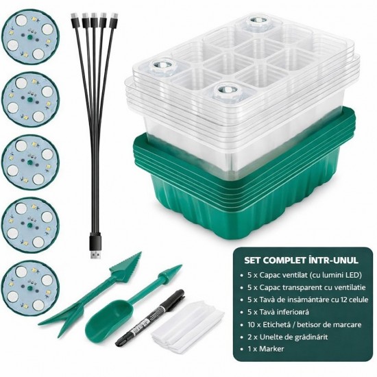 Mini-sera cu iluminare pentru 12 rasaduri – 18,5 x 15 x 14 cm, set 5 bucati